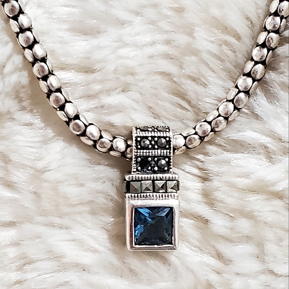 Rare Silpada Blue Topaz Marcasite Pendant Popcorn Necklace